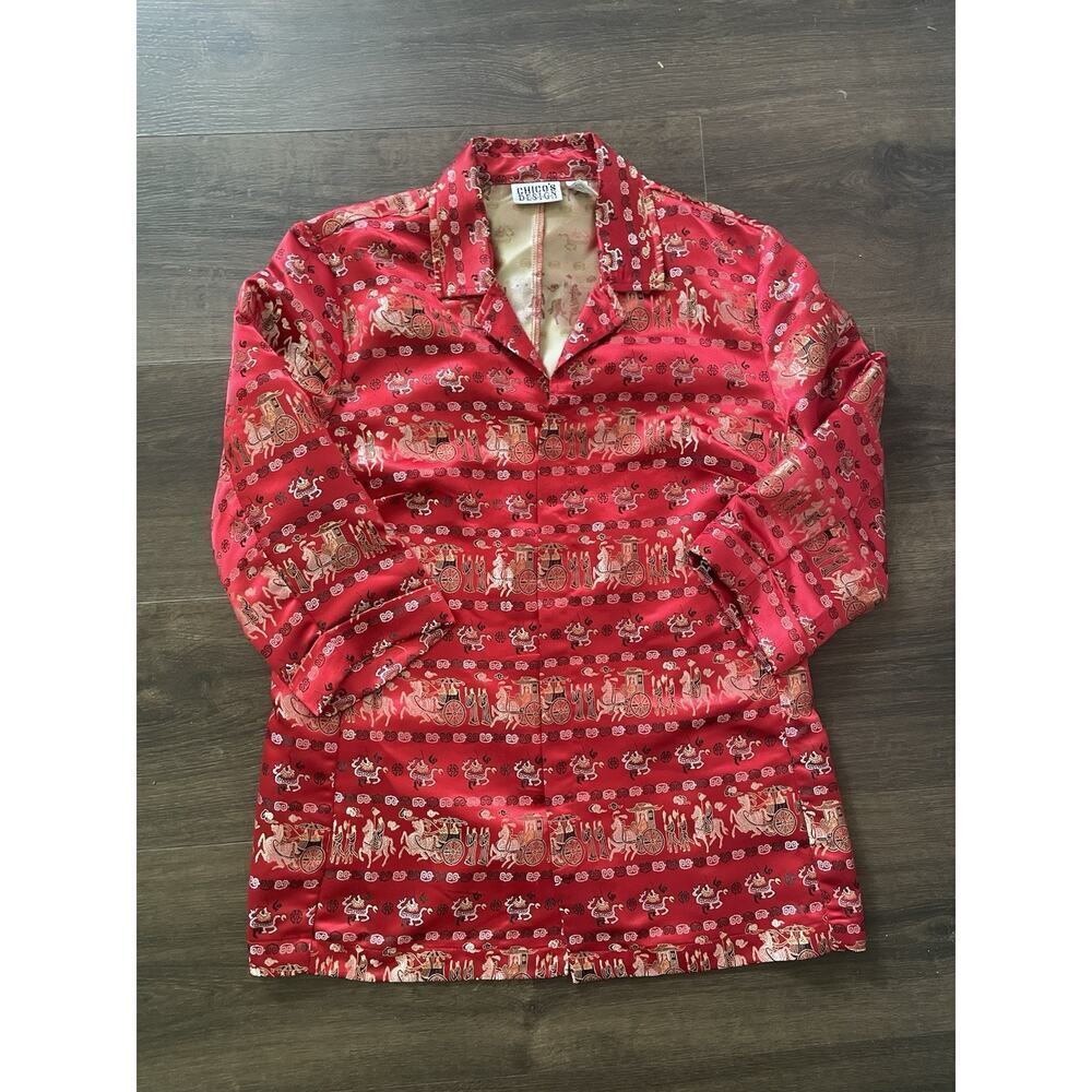 Vintage Chicos Asian Inspired Oriental Print Shacket Jacket Art To Wear Size 1 - Picture 9 of 11